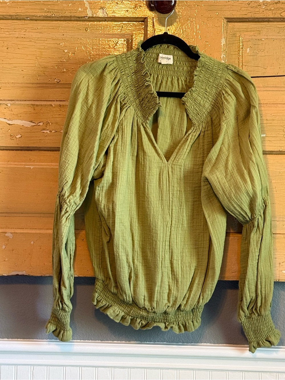 Anthropologie Olive Green Smocked Peasant Blouse